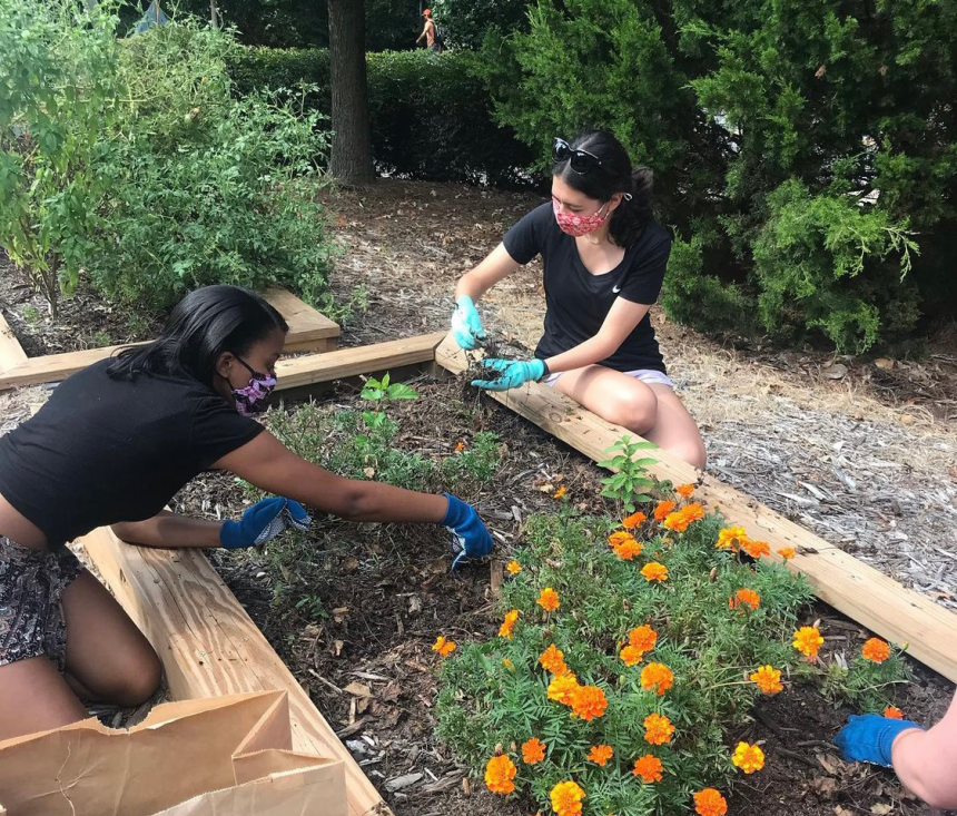 FRC students planting in the community garden